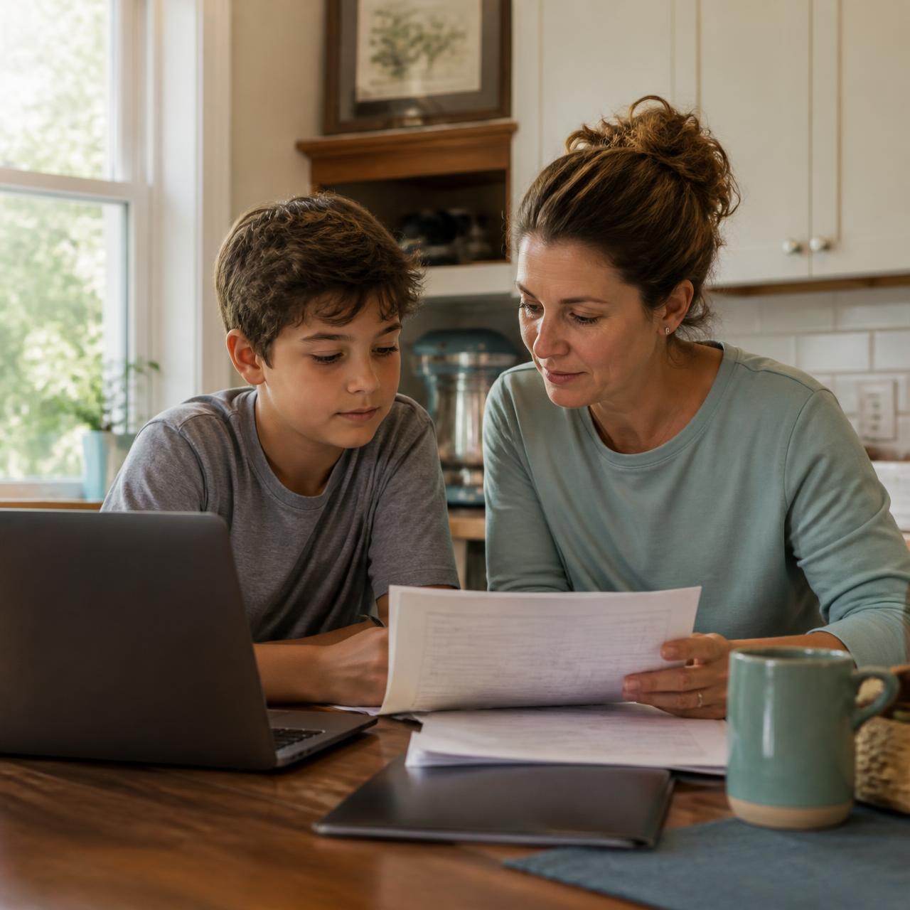 A parent and her child reviewing IEP paperwork together at the kitchen table